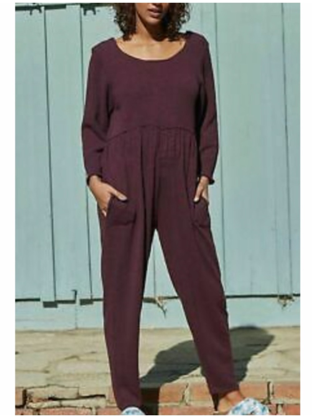 Free People Beach Breaking Free Plum Long-Sleeve Jumpsuit Size Small Oversized